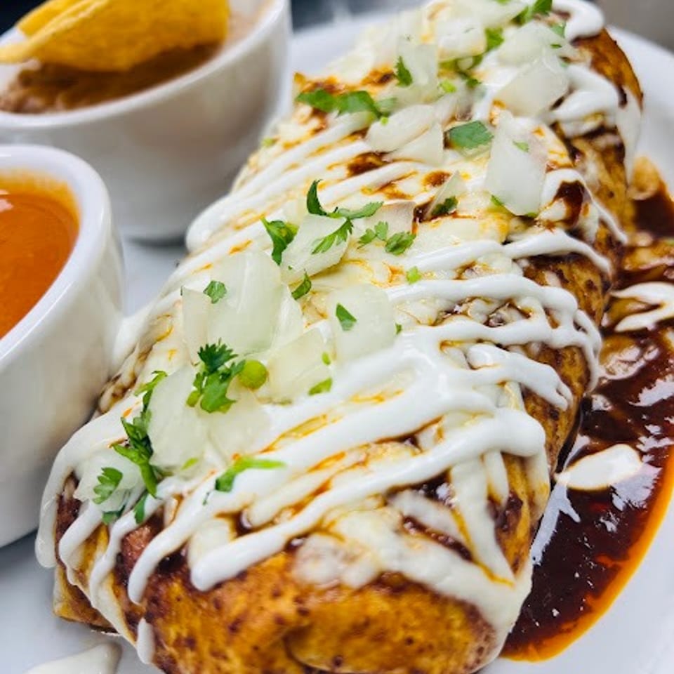 Grilled burrito drizzled with crema and dark sauce, topped with onions and cilantro, served with tortilla chips and salsa.