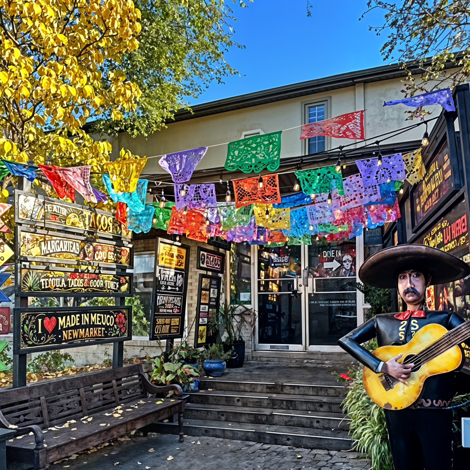 Colorful Mexican restaurant entrance decorated with papel picado, travel signs, string lights, and a mariachi statue holding a guitar.